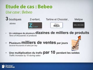 Etude de cas : BebeoUse case : Bebeo3 boutiques stores              Z-enfant, 	   Tartine et Chocolat ,	    MelijoeUn catalogue de plusieurs dizaines de milliers de produitsTens of thousands of productsPlusieurs milliers de ventespar jours Several thousands of sales per dayUne multiplication du trafic par 10 pendant les soldesTraffic increase by 10 during sales