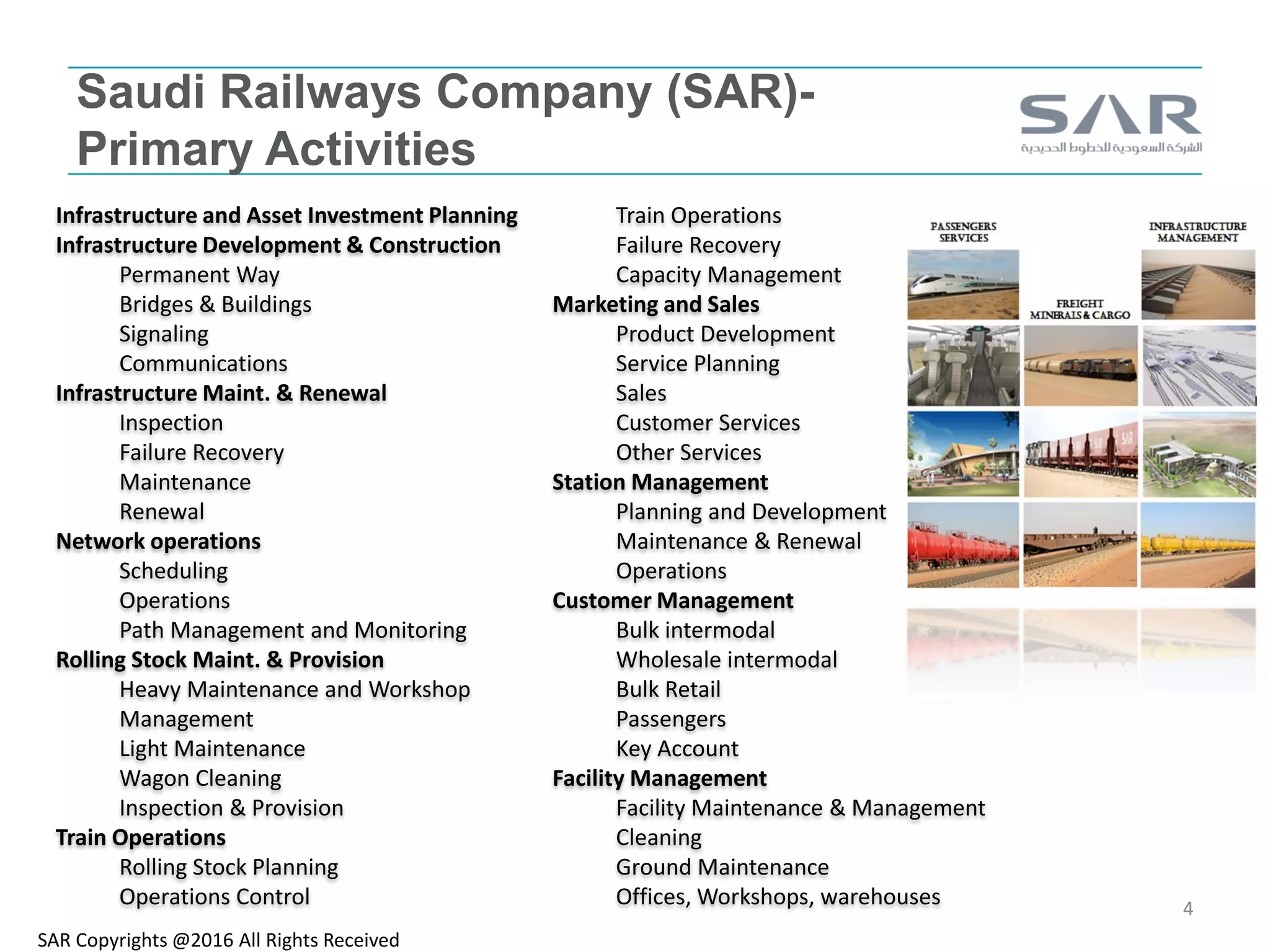 Infrastructure and Asset Investment Planning
Infrastructure Development & Construction
Permanent Way
Bridges & Buildings
Signaling
Communications
Infrastructure Maint. & Renewal
Inspection
Failure Recovery
Maintenance
Renewal
Network operations
Scheduling
Operations
Path Management and Monitoring
Rolling Stock Maint. & Provision
Heavy Maintenance and Workshop
Management
Light Maintenance
Wagon Cleaning
Inspection & Provision
Train Operations
Rolling Stock Planning
Operations Control
Train Operations
Failure Recovery
Capacity Management
Marketing and Sales
Product Development
Service Planning
Sales
Customer Services
Other Services
Station Management
Planning and Development
Maintenance & Renewal
Operations
Customer Management
Bulk intermodal
Wholesale intermodal
Bulk Retail
Passengers
Key Account
Facility Management
Facility Maintenance & Management
Cleaning
Ground Maintenance
Offices, Workshops, warehouses
Saudi Railways Company (SAR)-
Primary Activities
SAR Copyrights @2016 All Rights Received
4
 