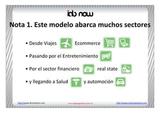 Nota 1. Este modelo abarca muchos sectores

         • Desde Viajes         Ecommerce

         • Pasando por el Entretenimiento

         • Por el sector financiero        real state

         • y llegando a Salud         y automoción


  http://www.directlatam.com                         http://www.chechulasheras.com
 