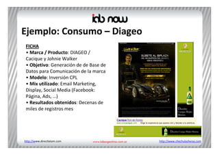 Ejemplo: Consumo – Diageo
 FICHA
 • Marca / Producto: DIAGEO / 
 Cacique y Johnie Walker
 • Objetivo: Generación de de Base de 
 Datos para Comunicación de la marca
 • Modelo: Inversión CPL
 • Mix utilizado: Email Marketing, 
 Display, Social Media (Facebook: 
 Página, Ads, …)
 • Resultados obtenidos: Decenas de 
 miles de registros mes




http://www.directlatam.com               http://www.chechulasheras.com
 