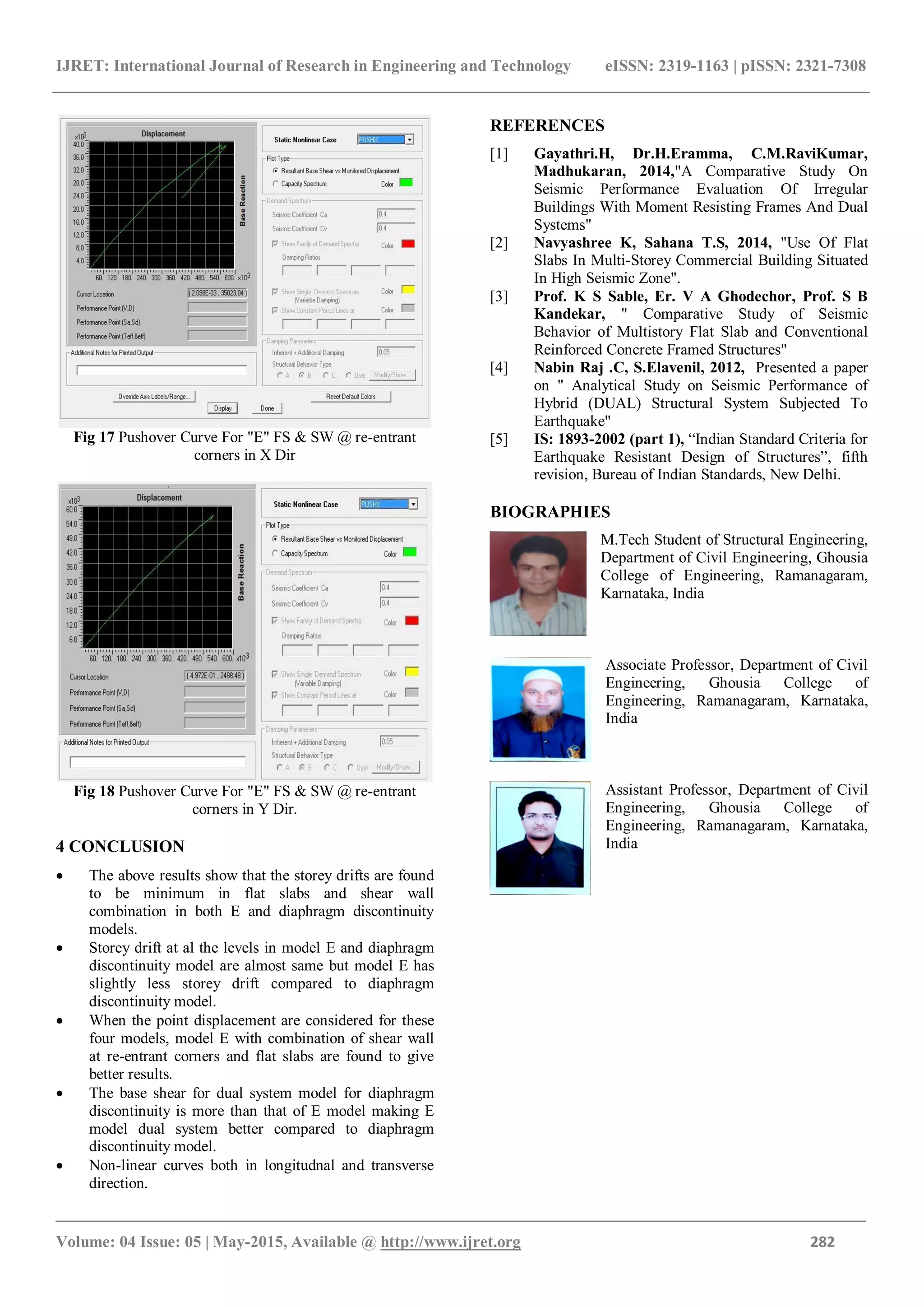 IJRET: International Journal of Research in Engineering and Technology eISSN: 2319-1163 | pISSN: 2321-7308
_______________________________________________________________________________________
Volume: 04 Issue: 05 | May-2015, Available @ http://www.ijret.org 282
Fig 17 Pushover Curve For "E" FS & SW @ re-entrant
corners in X Dir
Fig 18 Pushover Curve For "E" FS & SW @ re-entrant
corners in Y Dir.
4 CONCLUSION
 The above results show that the storey drifts are found
to be minimum in flat slabs and shear wall
combination in both E and diaphragm discontinuity
models.
 Storey drift at al the levels in model E and diaphragm
discontinuity model are almost same but model E has
slightly less storey drift compared to diaphragm
discontinuity model.
 When the point displacement are considered for these
four models, model E with combination of shear wall
at re-entrant corners and flat slabs are found to give
better results.
 The base shear for dual system model for diaphragm
discontinuity is more than that of E model making E
model dual system better compared to diaphragm
discontinuity model.
 Non-linear curves both in longitudnal and transverse
direction.
REFERENCES
[1] Gayathri.H, Dr.H.Eramma, C.M.RaviKumar,
Madhukaran, 2014,"A Comparative Study On
Seismic Performance Evaluation Of Irregular
Buildings With Moment Resisting Frames And Dual
Systems"
[2] Navyashree K, Sahana T.S, 2014, "Use Of Flat
Slabs In Multi-Storey Commercial Building Situated
In High Seismic Zone".
[3] Prof. K S Sable, Er. V A Ghodechor, Prof. S B
Kandekar, " Comparative Study of Seismic
Behavior of Multistory Flat Slab and Conventional
Reinforced Concrete Framed Structures"
[4] Nabin Raj .C, S.Elavenil, 2012, Presented a paper
on " Analytical Study on Seismic Performance of
Hybrid (DUAL) Structural System Subjected To
Earthquake"
[5] IS: 1893-2002 (part 1), “Indian Standard Criteria for
Earthquake Resistant Design of Structures”, fifth
revision, Bureau of Indian Standards, New Delhi.
BIOGRAPHIES
M.Tech Student of Structural Engineering,
Department of Civil Engineering, Ghousia
College of Engineering, Ramanagaram,
Karnataka, India
Associate Professor, Department of Civil
Engineering, Ghousia College of
Engineering, Ramanagaram, Karnataka,
India
Assistant Professor, Department of Civil
Engineering, Ghousia College of
Engineering, Ramanagaram, Karnataka,
India
 