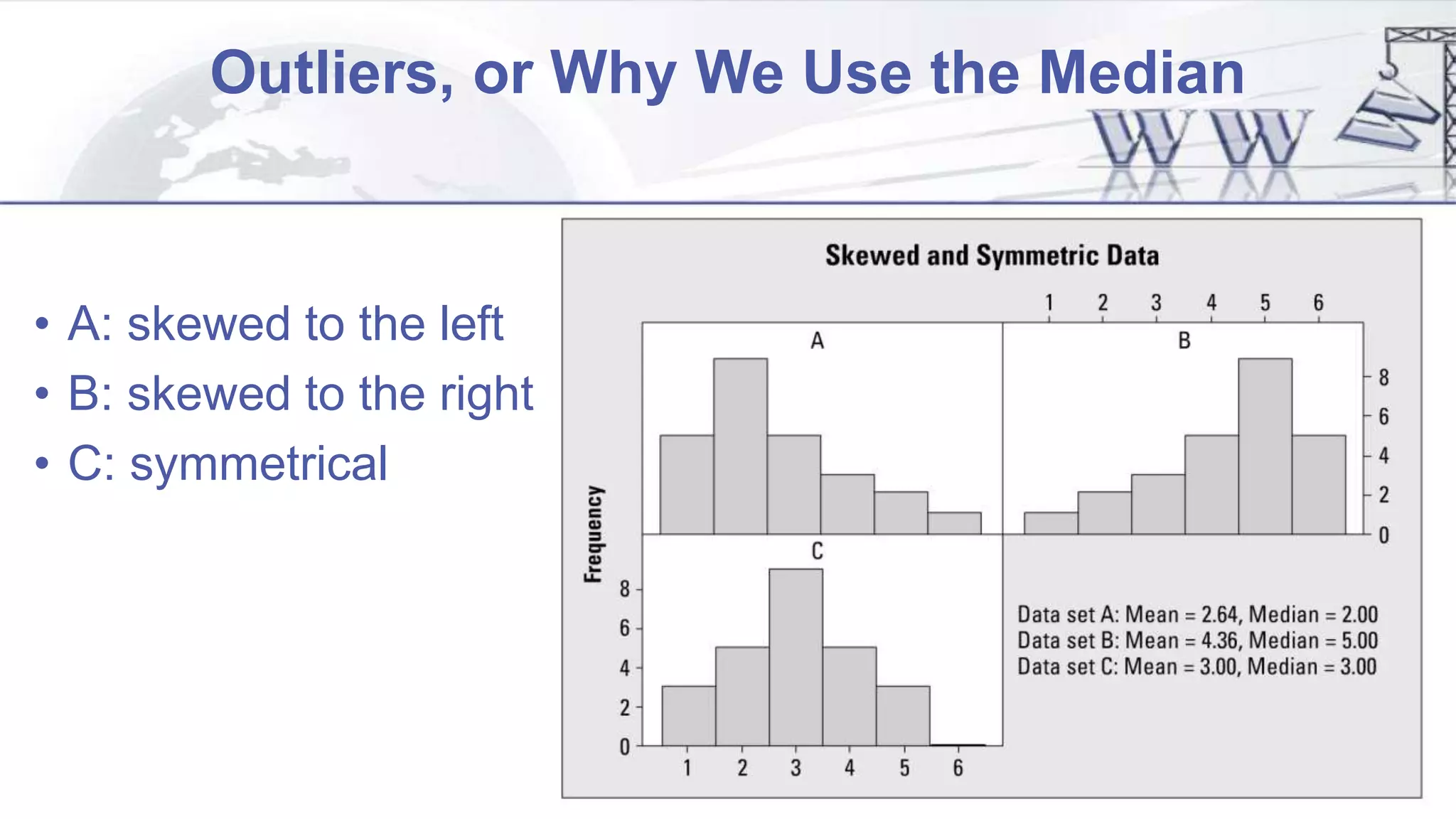 Outliers, or Why We Use the Median
• A: skewed to the left
• B: skewed to the right
• C: symmetrical
 