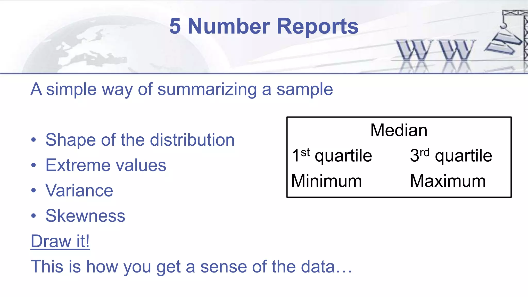 5 Number Reports
A simple way of summarizing a sample
• Shape of the distribution
• Extreme values
• Variance
• Skewness
Draw it!
This is how you get a sense of the data…
Median
1st quartile 3rd quartile
Minimum Maximum
 