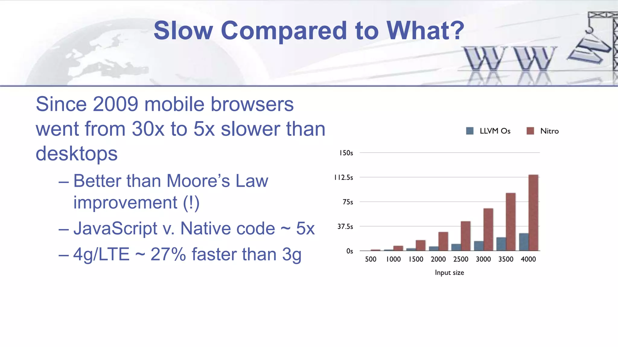 Slow Compared to What?
Since 2009 mobile browsers
went from 30x to 5x slower than
desktops
– Better than Moore’s Law
improvement (!)
– JavaScript v. Native code ~ 5x
– 4g/LTE ~ 27% faster than 3g
 