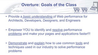 Overture: Goals of the Class
• Provide a basic understanding of Web performance for
Architects, Developers, Designers, and Engineers
• Empower YOU to identify and resolve performance
problems and make your pages and applications faster!!!
• Demonstrate and explain how to use common tools and
techniques used in our industry to solve performance
problems
 
