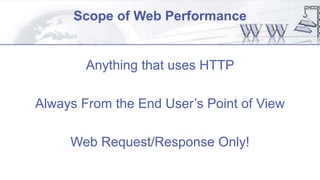Scope of Web Performance
Anything that uses HTTP
Always From the End User’s Point of View
Web Request/Response Only!
 