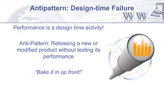 Antipattern: Design-time Failure
Performance is a design time activity!
Anti-Pattern: Releasing a new or
modified product without testing its
performance
“Bake it in up front!”
 