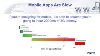 If you’re designing for mobile, it’s safe to assume you’re
going to incur 2000ms of 3G latency.
Mobile Apps Are Slow
 
