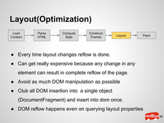 Layout(Optimization)
Load
Content

Parse
HTML

Compute
Style

Construct
Frames

Layout

Paint

● Every time layout changes reflow is done.
● Can get really expensive because any change in any
element can result in complete reflow of the page.
● Avoid as much DOM manipulation as possible
● Club all DOM insertion into a single object
(DocumentFragment) and insert into dom once.
● DOM reflow happens even on querying layout properties

 