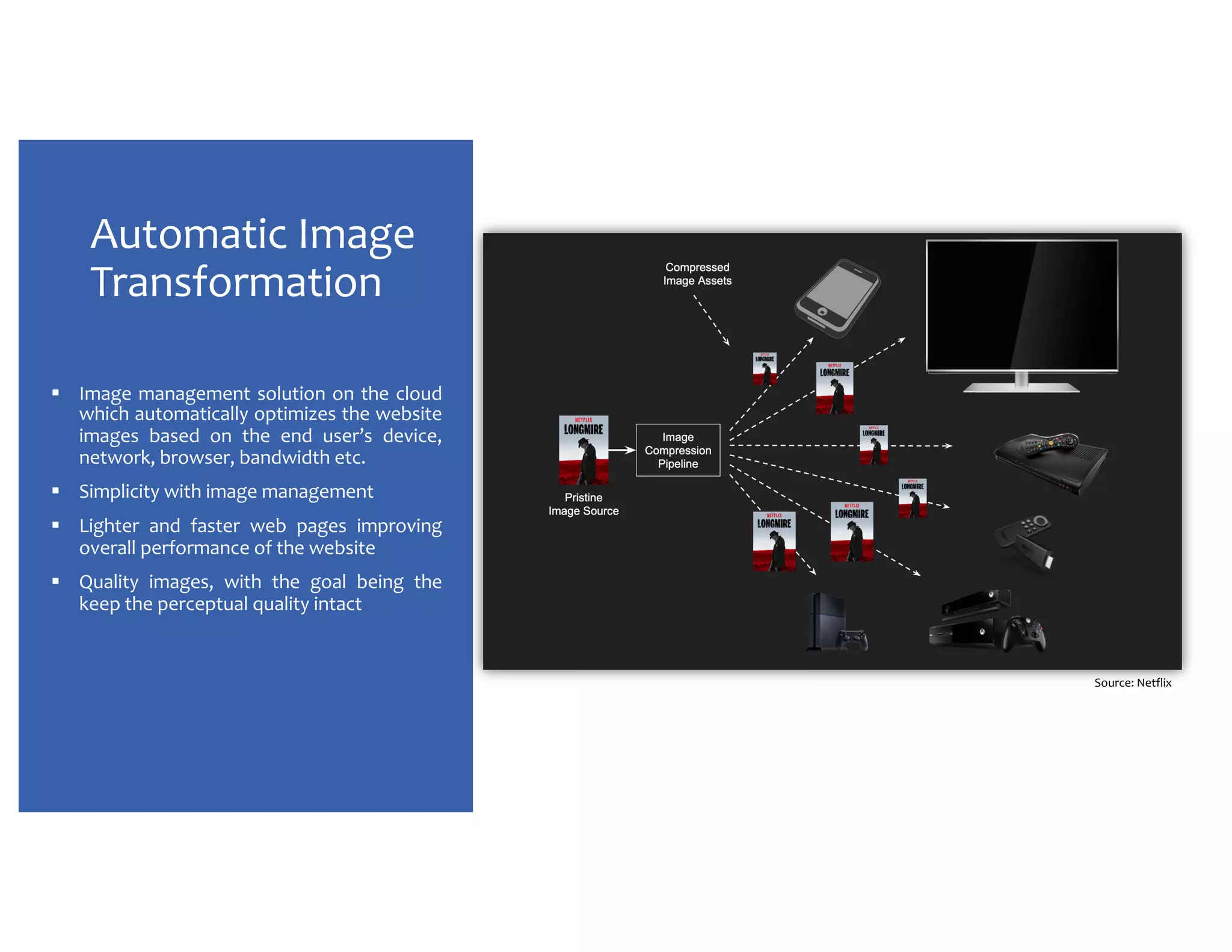 Automatic Image Transformation § Image management solution on the cloud which automatically optimizes the website images based on the end user’s device, network, browser, bandwidth etc. § Simplicity with image management § Lighter and faster web pages improving overall performance of the website § Quality images, with the goal being the keep the perceptual quality intact Source: Netflix 
