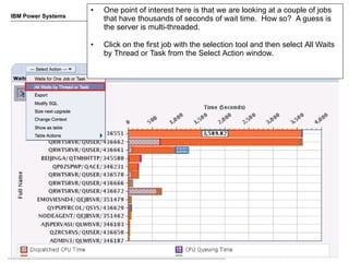 •   One point of interest here is that we are looking at a couple of jobs
IBM Power Systems
                        that have thousands of seconds of wait time. How so? A guess is
                        the server is multi-threaded.

                    •   Click on the first job with the selection tool and then select All Waits
                        by Thread or Task from the Select Action window.




10                                                                                  © 2012 IBM Corporation
 