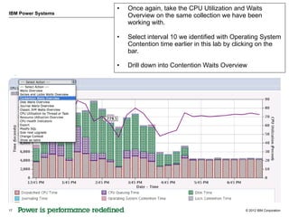 •   Once again, take the CPU Utilization and Waits
IBM Power Systems
                        Overview on the same collection we have been
                        working with.

                    •   Select interval 10 we identified with Operating System
                        Contention time earlier in this lab by clicking on the
                        bar.

                    •   Drill down into Contention Waits Overview




17                                                               © 2012 IBM Corporation
 