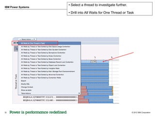 • Select a thread to investigate further.
IBM Power Systems

                    • Drill into All Waits for One Thread or Task




32                                                              © 2012 IBM Corporation
 