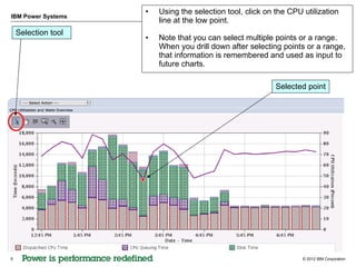 •   Using the selection tool, click on the CPU utilization
IBM Power Systems
                         line at the low point.
    Selection tool
                     •   Note that you can select multiple points or a range.
                         When you drill down after selecting points or a range,
                         that information is remembered and used as input to
                         future charts.

                                                            Selected point




5                                                                   © 2012 IBM Corporation
 