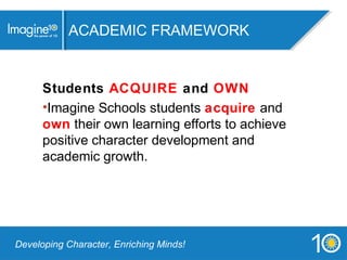 CLICK TO EDIT MASTER TITLE STYLE
Students ACQUIRE and OWN
•Imagine Schools students acquire and
own their own learning efforts to achieve
positive character development and
academic growth.
ACADEMIC FRAMEWORK
Developing Character, Enriching Minds!
 