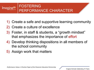 Imagine Schools Celebrating 10 Years
FOSTERING
PERFORMANCE CHARACTER
1) Create a safe and supportive learning community
2) Create a culture of excellence
3) Foster, in staff & students, a “growth mindset”
that emphasizes the importance of effort
4) Develop thinking dispositions in all members of
the school community
5) Assign work that matters
Performance Values: A Position Paper of the Character Education Partnership
 