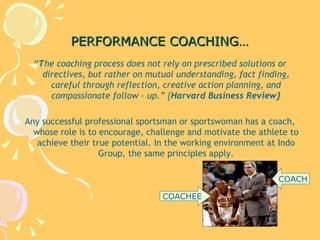 PERFORMANCE COACHING… <ul><li>“ T he coaching process does not rely on prescribed solutions or directives, but rather on m...