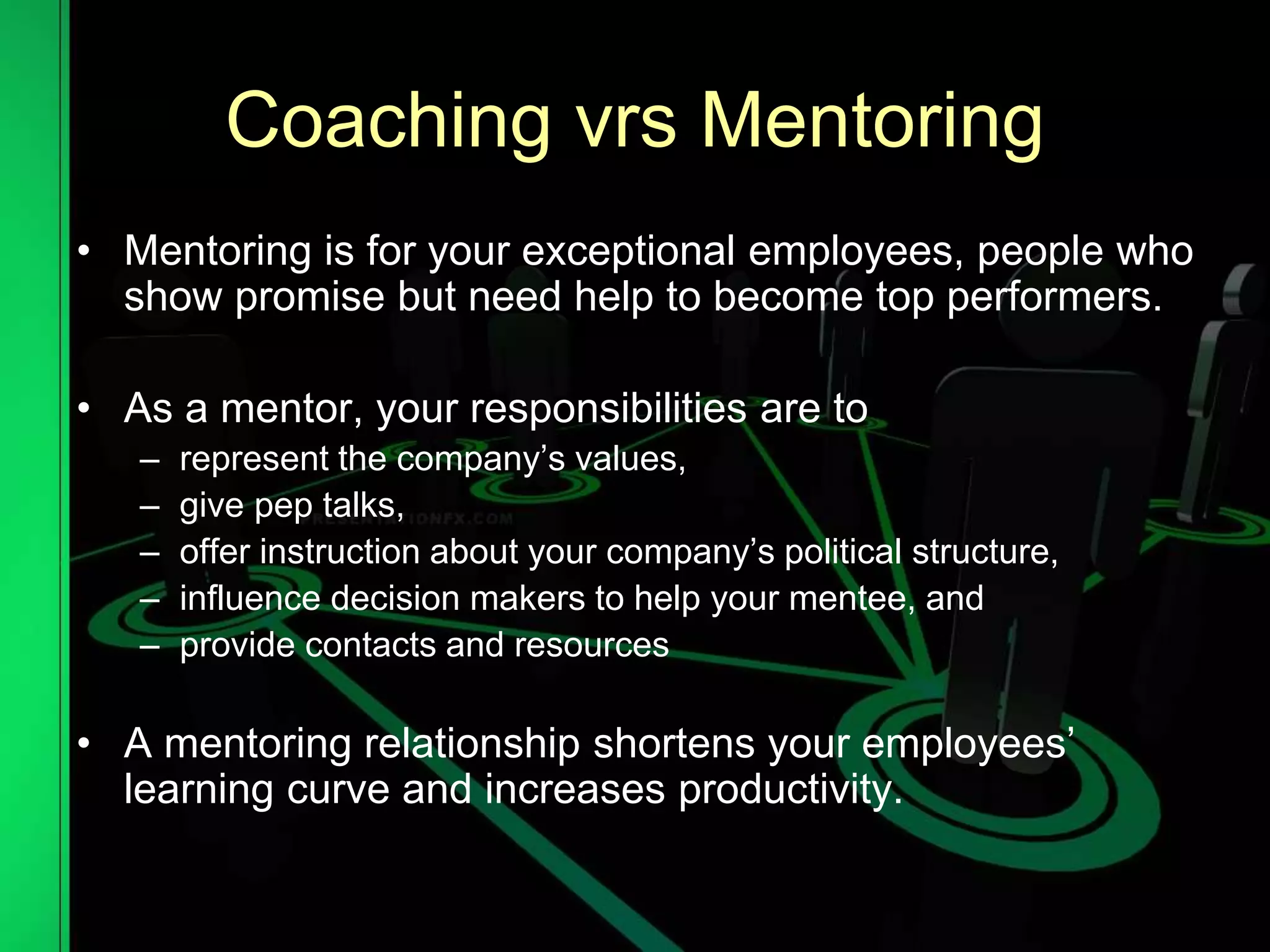 Coaching vrs Mentoring
• Mentoring is for your exceptional employees, people who
show promise but need help to become top performers.
• As a mentor, your responsibilities are to
– represent the company’s values,
– give pep talks,
– offer instruction about your company’s political structure,
– influence decision makers to help your mentee, and
– provide contacts and resources
• A mentoring relationship shortens your employees’
learning curve and increases productivity.