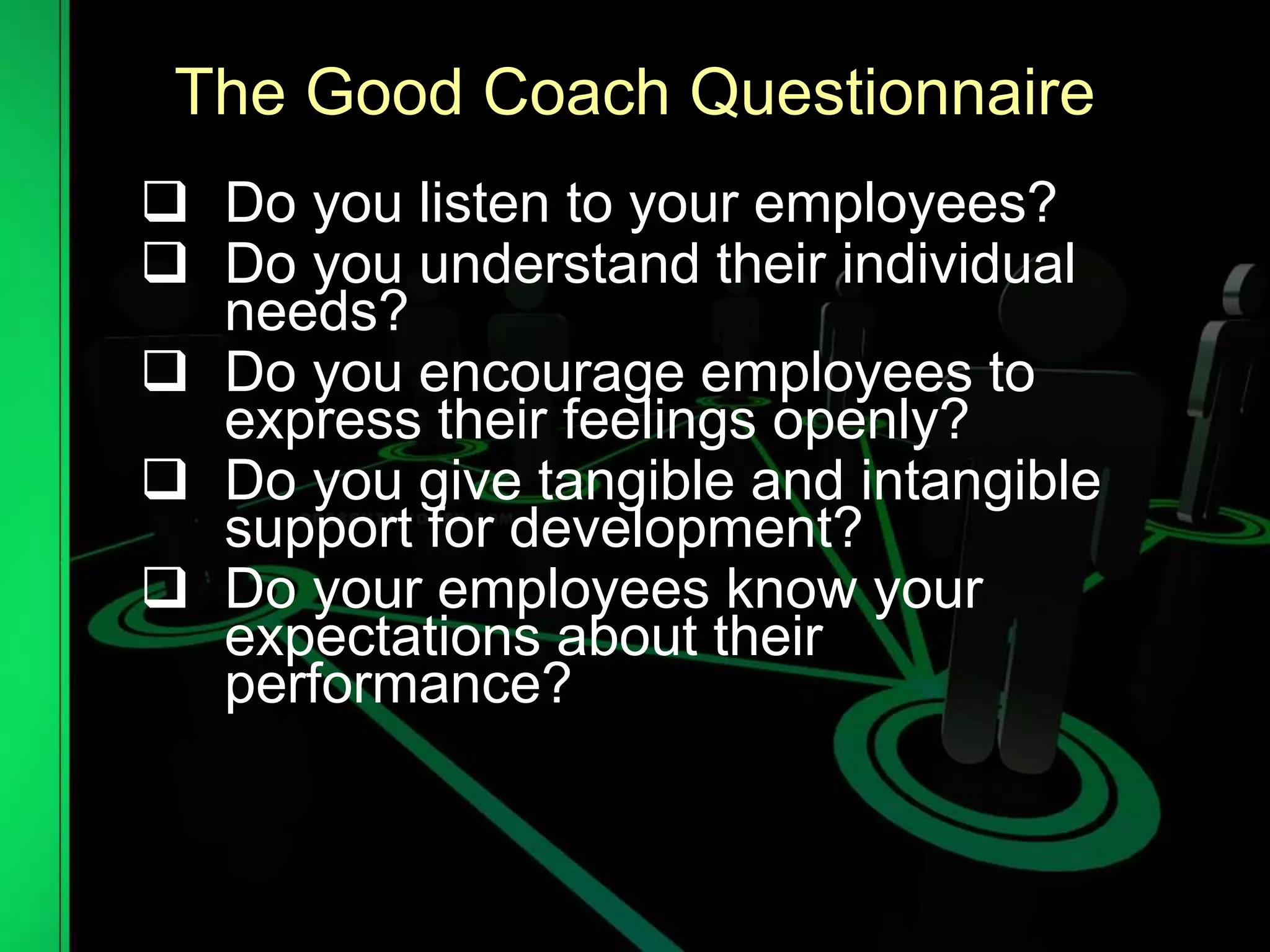 The Good Coach Questionnaire
Do you listen to your employees?
Do you understand their individual
needs?
Do you encourage employees to
express their feelings openly?
Do you give tangible and intangible
support for development?
Do your employees know your
expectations about their
performance?