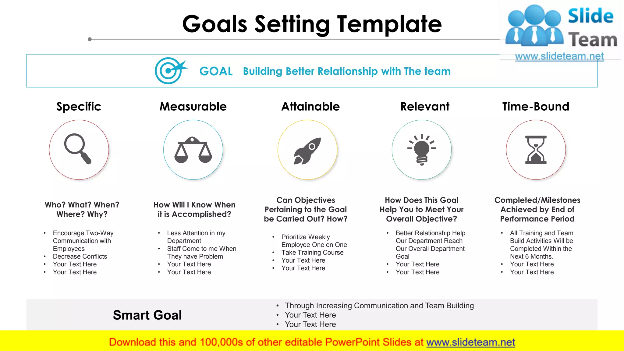Goals Setting Template
SMART Goal
› Through increasing communication and team building
› Your text here
› Your text here
Specific Measurable Attainable Relevant Time-Bound
• Encourage Two-Way
Communication with
Employees
• Decrease Conflicts
• Your Text Here
• Your Text Here
Who? What? When?
Where? Why?
• Less Attention in my
Department
• Staff Come to me When
They have Problem
• Your Text Here
• Your Text Here
How Will I Know When
it is Accomplished?
• Prioritize Weekly
Employee One on One
• Take Training Course
• Your Text Here
• Your Text Here
Can Objectives
Pertaining to the Goal
be Carried Out? How?
• Better Relationship Help
Our Department Reach
Our Overall Department
Goal
• Your Text Here
• Your Text Here
How Does This Goal
Help You to Meet Your
Overall Objective?
• All Training and Team
Build Activities Will be
Completed Within the
Next 6 Months.
• Your Text Here
• Your Text Here
Completed/Milestones
Achieved by End of
Performance Period
GOAL Building Better Relationship with The team
Smart Goal
• Through Increasing Communication and Team Building
• Your Text Here
• Your Text Here
 