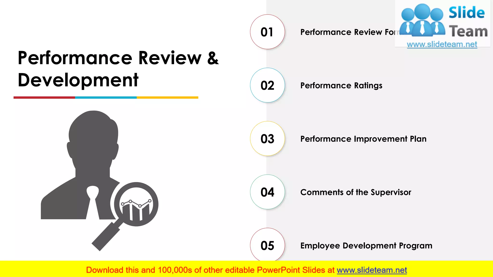 Performance Review Form
Performance Ratings
Performance Improvement Plan
Comments of the Supervisor
Employee Development Program
01
02
03
04
05
Performance Review &
Development
 