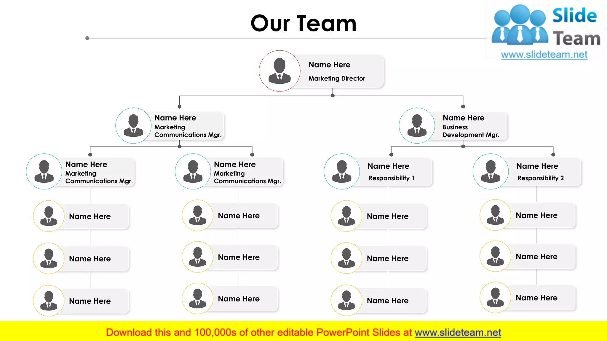 Our Team
Name Here
Name Here
Name Here
Marketing
Communications Mgr.
Name Here
Name Here
Name Here
Name Here
Marketing
Communications Mgr.
Name Here
Name Here
Name Here
Name Here
Responsibility 2
Name Here
Responsibility 1
Name Here
Name Here
Name Here
Name Here
Business
Development Mgr.
Name Here
Marketing
Communications Mgr.
Name Here
Marketing Director
Name Here
 