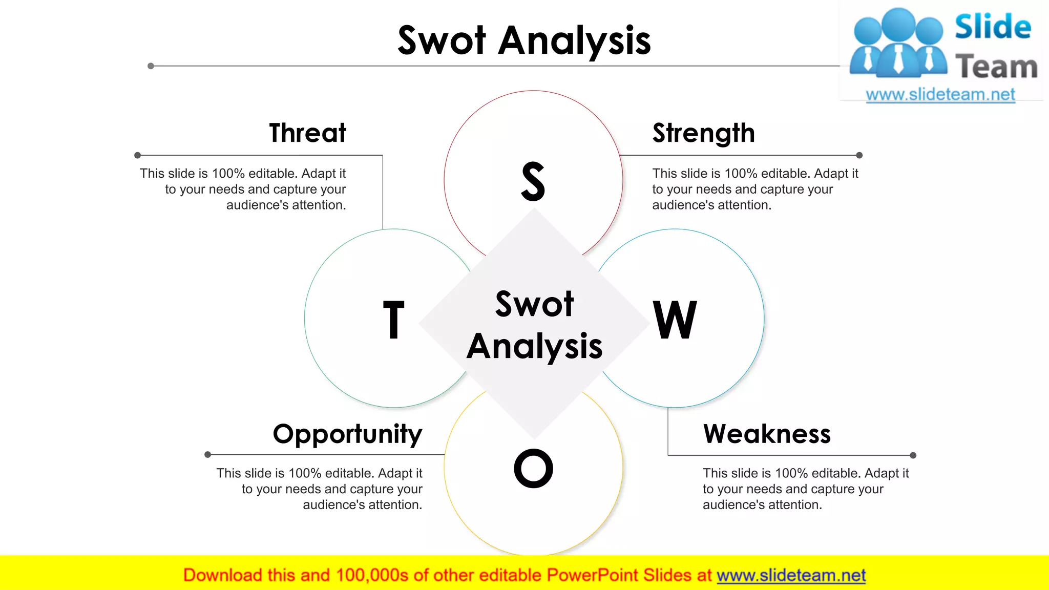 Swot Analysis
Opportunity
This slide is 100% editable. Adapt it
to your needs and capture your
audience's attention.
Weakness
This slide is 100% editable. Adapt it
to your needs and capture your
audience's attention.
Strength
This slide is 100% editable. Adapt it
to your needs and capture your
audience's attention.
Threat
This slide is 100% editable. Adapt it
to your needs and capture your
audience's attention.
S
W
O
T Swot
Analysis
 