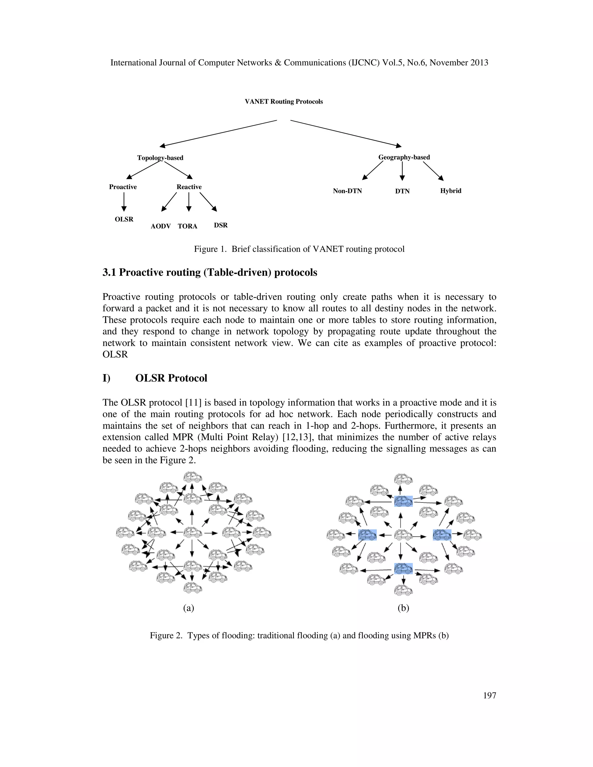 International Journal of Computer Networks & Communications (IJCNC) Vol.5, No.6, November 2013

VANET Routing Protocols

Geography-based

Topology-based

Proactive

Reactive

OLSR
AODV TORA

Non-DTN

DTN

Hybrid

DSR

Figure 1. Brief classification of VANET routing protocol

3.1 Proactive routing (Table-driven) protocols
Proactive routing protocols or table-driven routing only create paths when it is necessary to
forward a packet and it is not necessary to know all routes to all destiny nodes in the network.
These protocols require each node to maintain one or more tables to store routing information,
and they respond to change in network topology by propagating route update throughout the
network to maintain consistent network view. We can cite as examples of proactive protocol:
OLSR

I)

OLSR Protocol

The OLSR protocol [11] is based in topology information that works in a proactive mode and it is
one of the main routing protocols for ad hoc network. Each node periodically constructs and
maintains the set of neighbors that can reach in 1-hop and 2-hops. Furthermore, it presents an
extension called MPR (Multi Point Relay) [12,13], that minimizes the number of active relays
needed to achieve 2-hops neighbors avoiding flooding, reducing the signalling messages as can
be seen in the Figure 2.

(a)

(b)

Figure 2. Types of flooding: traditional flooding (a) and flooding using MPRs (b)

197

 