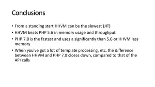 Conclusions
• From a standing start HHVM can be the slowest (JIT)
• HHVM beats PHP 5.6 in memory usage and throughput
• PHP 7.0 is the fastest and uses a significantly than 5.6 or HHVM less
memory
• When you've got a lot of template processing, etc. the difference
between HHVM and PHP 7.0 closes down, compared to that of the
API calls
 