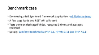 Benchmark case
• Done using a full Symfony2 framework application - eZ Platform demo
• A few page loads and REST API calls used
• Tests done on dedicated VPSes, repeated 3 times and averages
reported
• Details: Symfony Benchmarks: PHP 5.6, HHVM 3.11 and PHP 7.0.1
 
