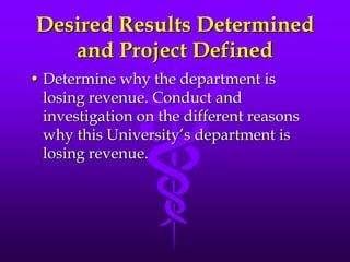 Desired Results Determined and Project DefinedDetermine why the department is losing revenue. Conduct and investigation on the different reasons why this University’s department is losing revenue.