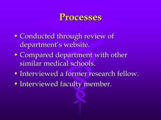 Processes Conducted through review of department’s website.Compared department with other similar medical schools.Interviewed a former research fellow.Interviewed faculty member.