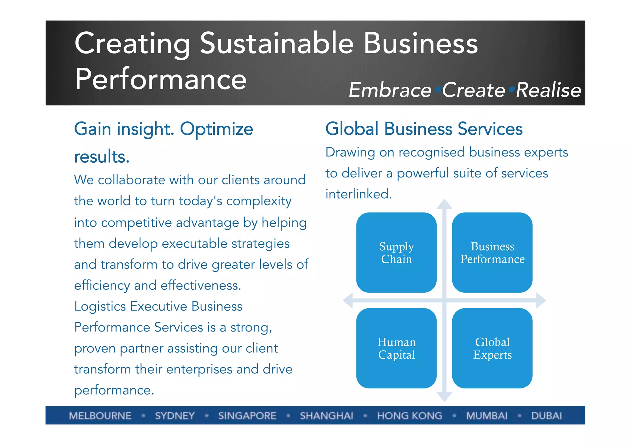 Creating Sustainable Business
Performance         EmbraceŸCreateŸRealise
Gain insight. Optimize                     Global Business Services
results.                                   Drawing on recognised business experts

We collaborate with our clients around     to deliver a powerful suite of services

the world to turn today's complexity       interlinked.

into competitive advantage by helping
them develop executable strategies                  Supply          Business
and transform to drive greater levels of            Chain         Performance

efficiency and effectiveness.
Logistics Executive Business
Performance Services is a strong,
                                                    Human           Global
proven partner assisting our client                 Capital         Experts
transform their enterprises and drive
performance.
 