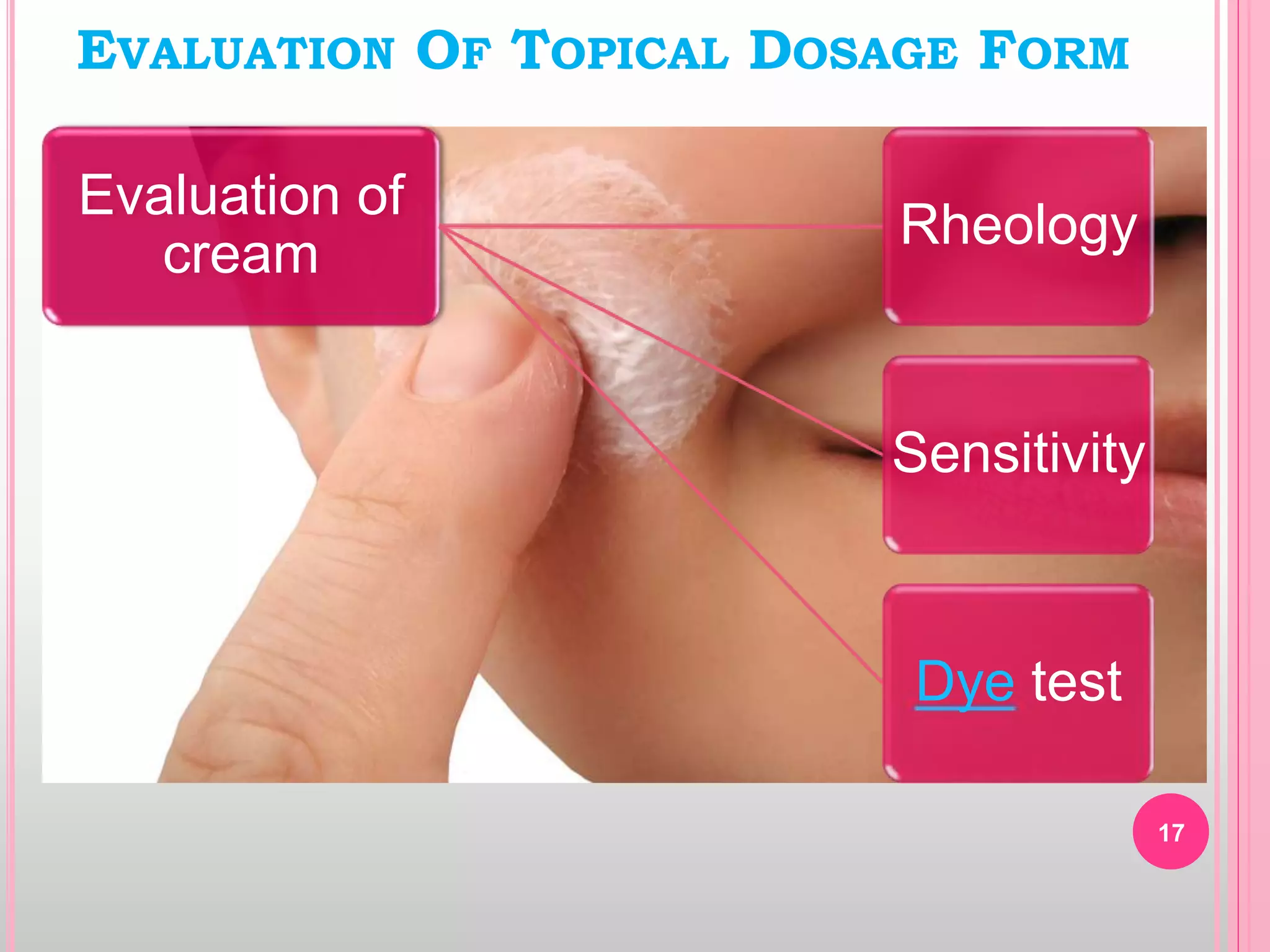 Evaluation of
cream
Rheology
Sensitivity
Dye test
EVALUATION OF TOPICAL DOSAGE FORM
17
 