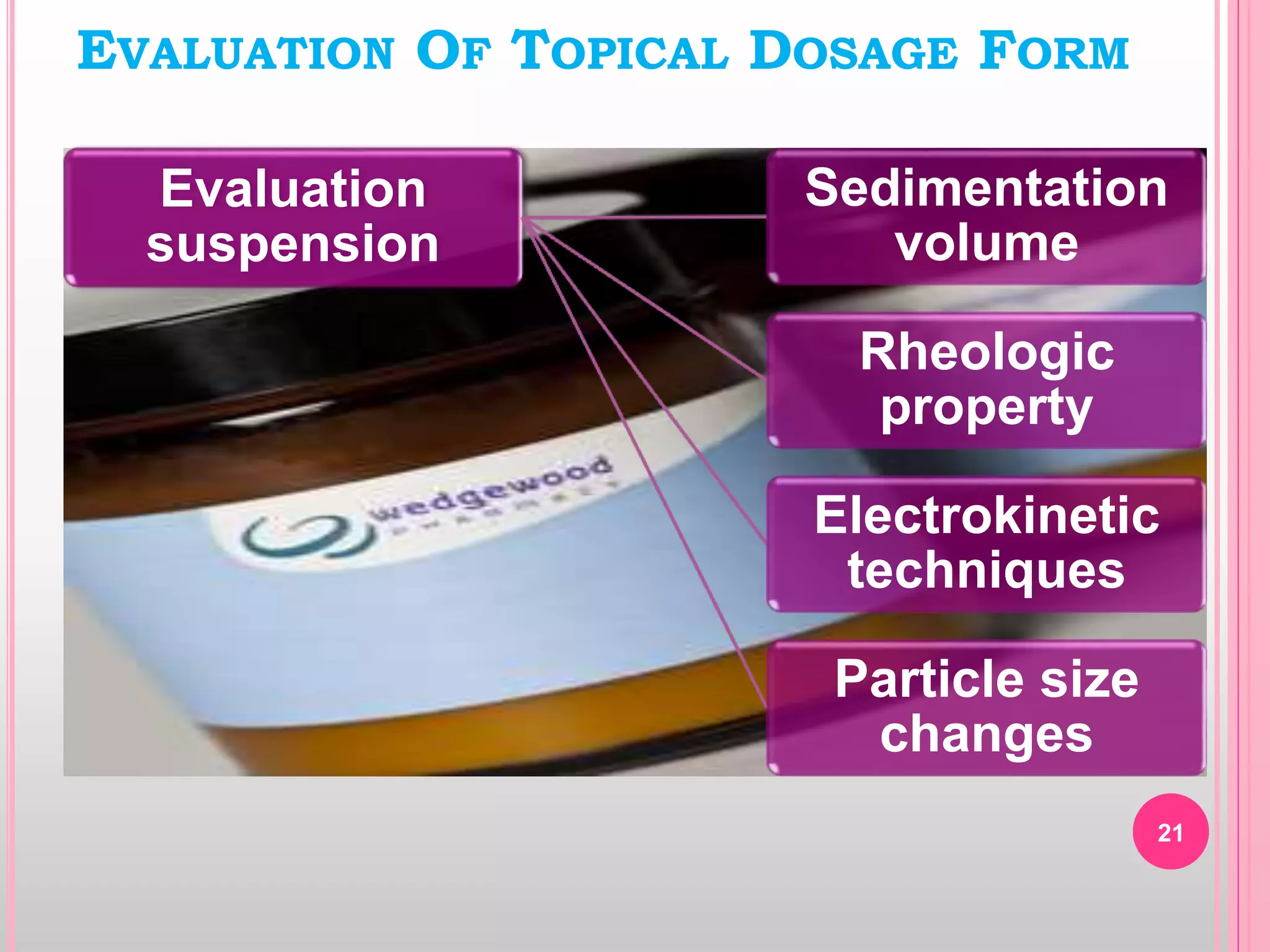 Evaluation
suspension
Sedimentation
volume
Rheologic
property
Electrokinetic
techniques
Particle size
changes
EVALUATION OF TOPICAL DOSAGE FORM
21
 
