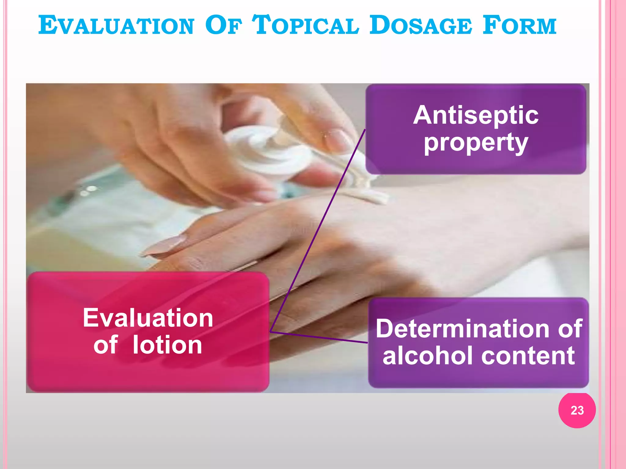 Evaluation
of lotion
Antiseptic
property
Determination of
alcohol content
EVALUATION OF TOPICAL DOSAGE FORM
23
 