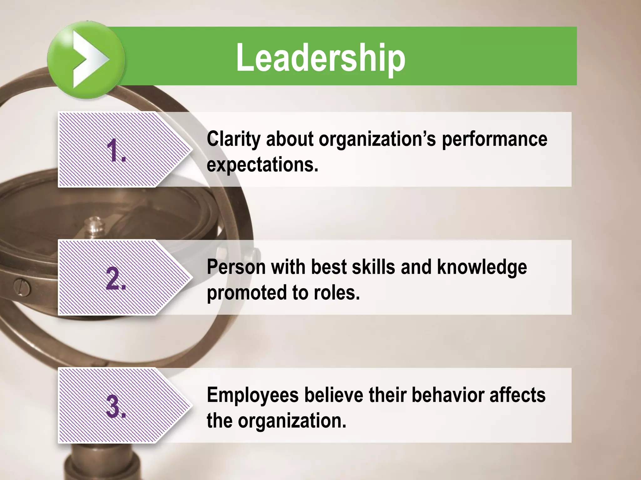 Leadership
     Clarity about organization’s performance
1.   expectations.



     Person with best skills and knowledge
2.   promoted to roles.



     Employees believe their behavior affects
3.   the organization.
 