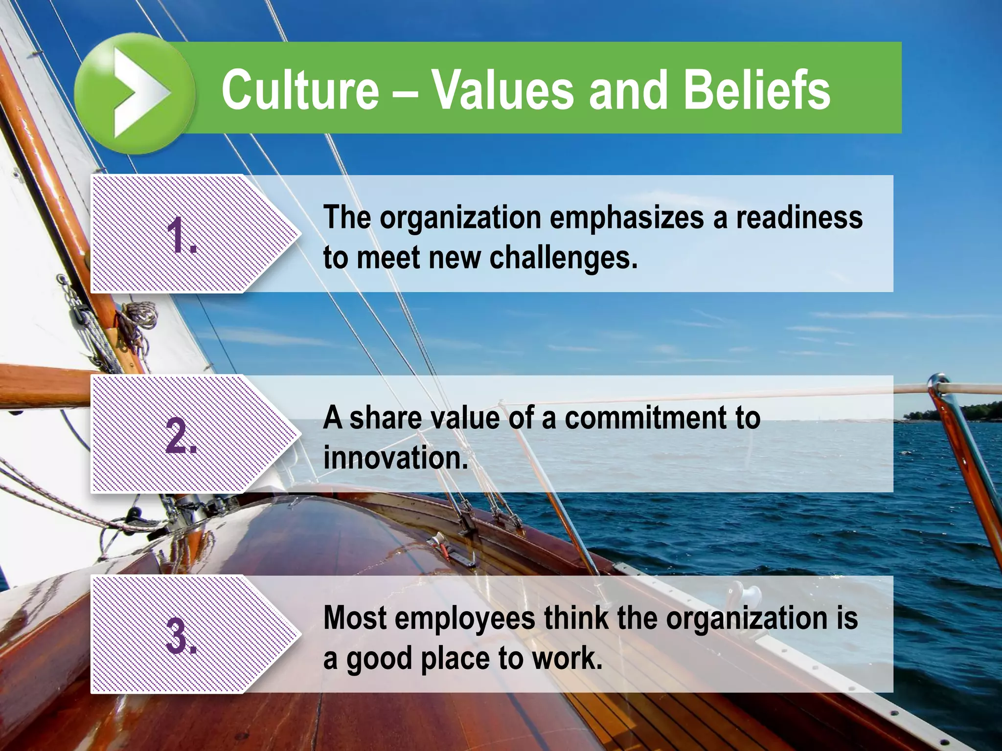 Culture – Values and Beliefs

         The organization emphasizes a readiness
1.       to meet new challenges.



         A share value of a commitment to
2.       innovation.



         Most employees think the organization is
3.       a good place to work.
 
