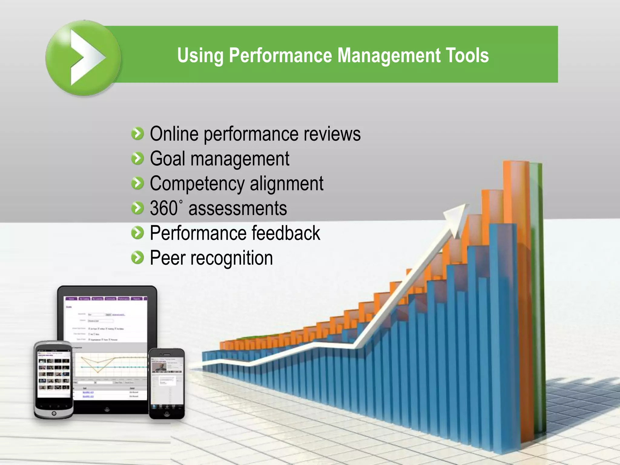 Using Performance Management Tools


Online performance reviews
Goal management
Competency alignment
360˚ assessments
Performance feedback
Peer recognition
 