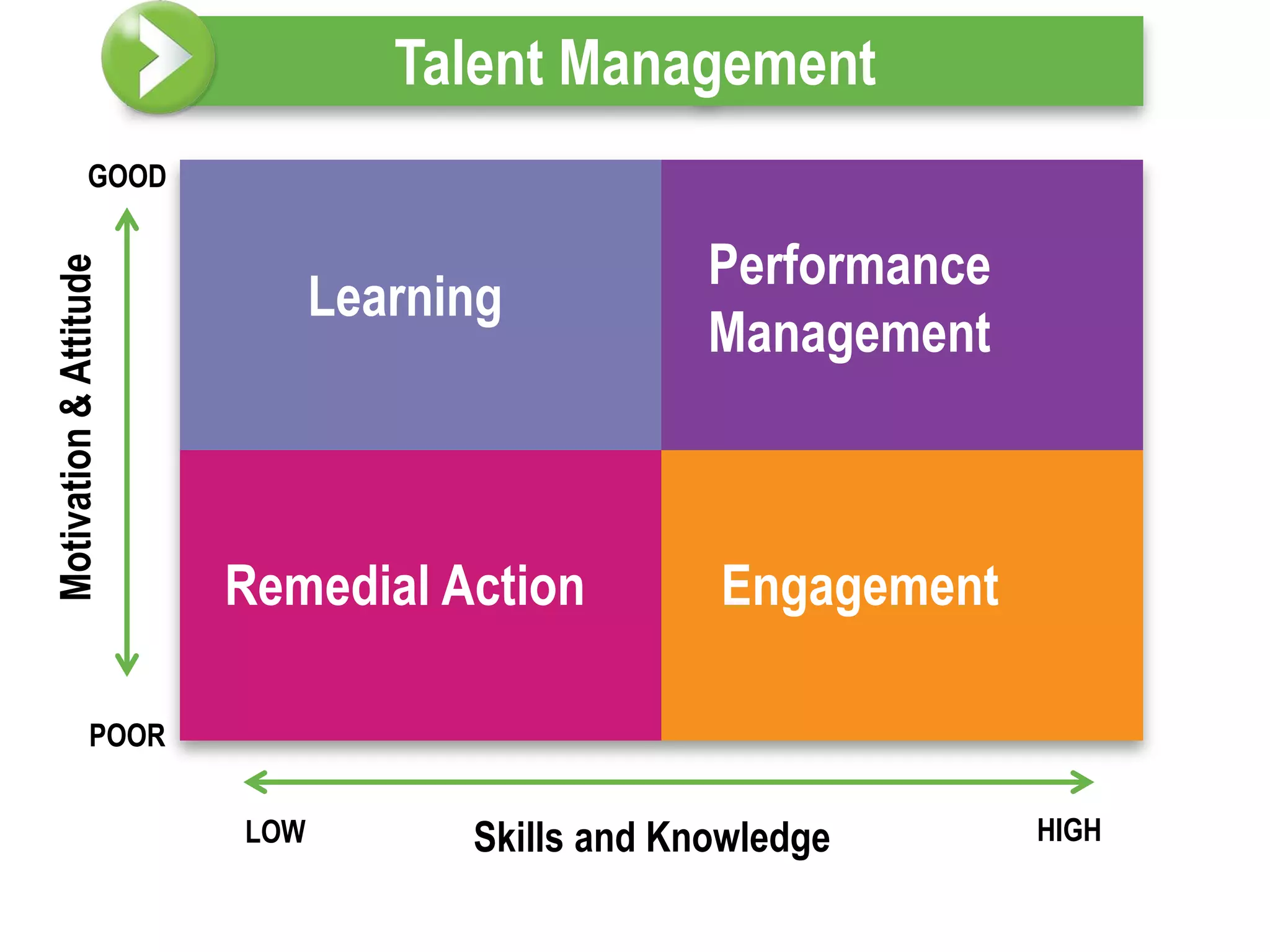 Talent Management
               GOOD


                                                 Performance
Motivation & Attitude




                              Learning
                                                 Management



                        Remedial Action          Engagement

                POOR


                        LOW         Skills and Knowledge       HIGH
 