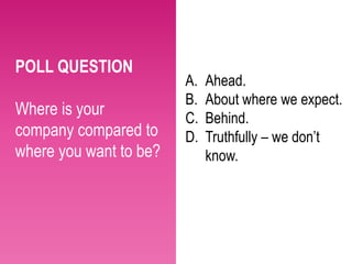 POLL QUESTION
                        A.   Ahead.
                        B.   About where we expect.
Where is your           C.   Behind.
company compared to     D.   Truthfully – we don’t
where you want to be?        know.
 