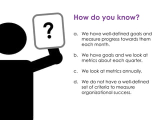 How do you know?
a. We have well-defined goals and
measure progress towards them
each month.
b. We have goals and we look at
metrics about each quarter.
c. We look at metrics annually.
d. We do not have a well-defined
set of criteria to measure
organizational success.
 