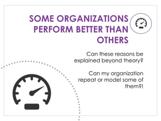 SOME ORGANIZATIONS
PERFORM BETTER THAN
OTHERS
Can these reasons be
explained beyond theory?
Can my organization
repeat or model some of
them?!
 