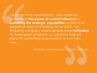Far better than most leaders, Jobs intuitively
understood the power of cultural influence in
sustaining the strategic capabilities implicit in his
perpetual vision of creating, as he put it, “an
enduring company where people were motivated
to make great products...a company that will
stand for something a generation or two from
now.
SOURCE: Jon Katzenbach , The Steve Jobs Way
 