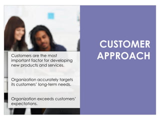 CUSTOMER
APPROACHCustomers are the most
important factor for developing
new products and services.
Organization accurately targets
its customers’ long-term needs.
Organization exceeds customers’
expectations.
 