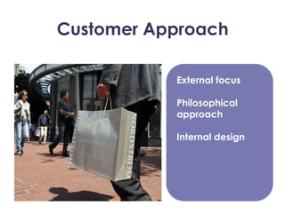 Customer Approach
External focus
Philosophical
approach
Internal design
 