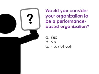 Would you consider
your organization to
be a performance-
based organization?
a. Yes
b. No
c. No, not yet
 