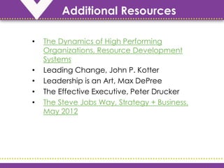 Additional Resources
• The Dynamics of High Performing
Organizations, Resource Development
Systems
• Leading Change, John P. Kotter
• Leadership is an Art, Max DePree
• The Effective Executive, Peter Drucker
• The Steve Jobs Way, Strategy + Business,
May 2012
 