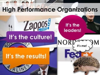 High Performance Organizations
It’s the culture!
It’s the
leaders!
It’s the results!
It’s me!
 