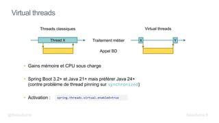 • Gains mémoire et CPU sous charge
• Spring Boot 3.2+ et Java 21+ mais préférer Java 24+
(contre problème de thread pinning sur synchronized)
• Activation :
Virtual threads
spring.threads.virtual.enabled=true
Traitement métier
Appel BD
Threads classiques Virtual threads
Thread X Y
X
@fbeaufume beaufume.fr
 